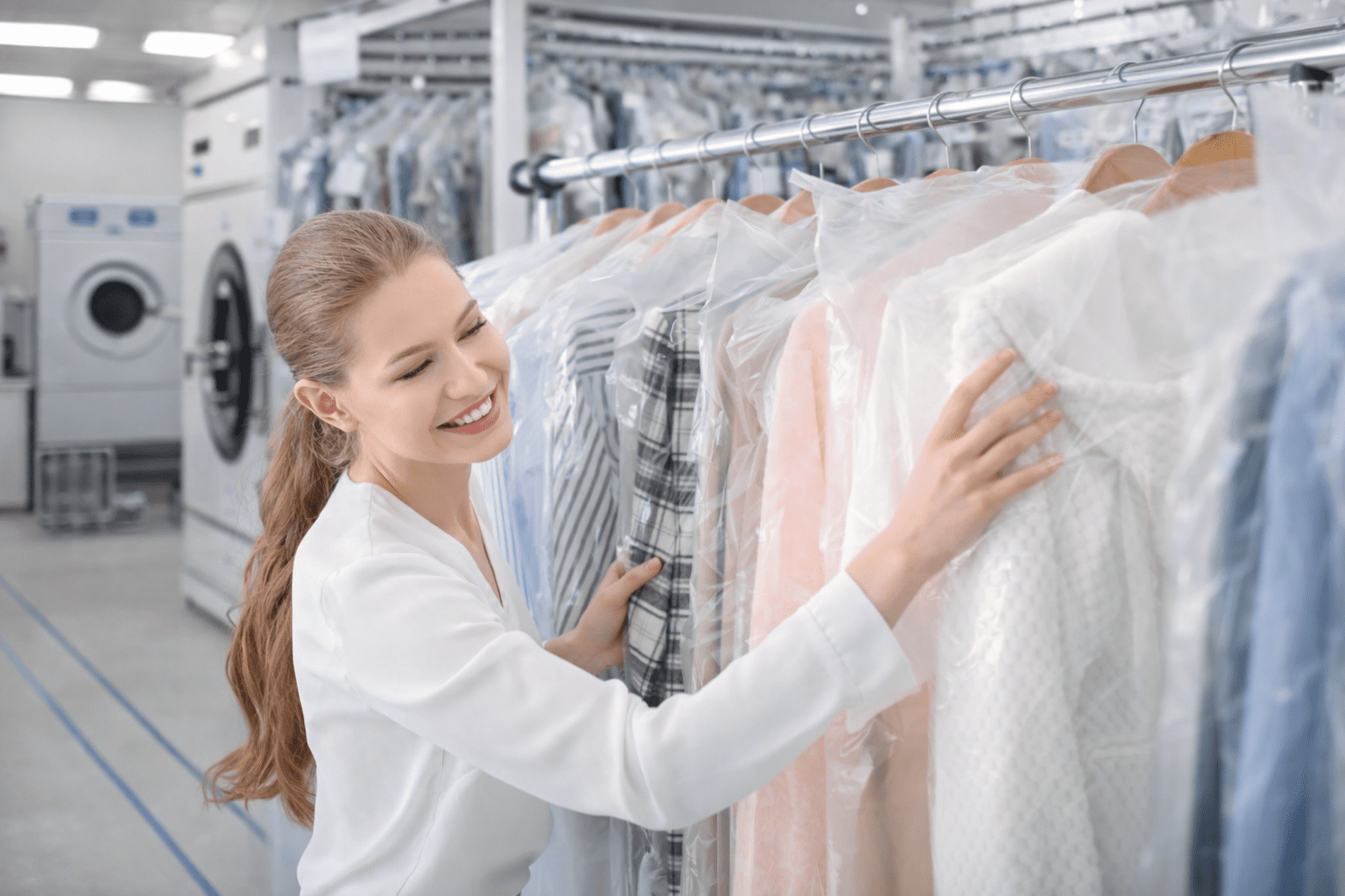 Woman smiling while selecting clothes covered in plastic on a rack in a dry cleaning facility, with laundry machines visible in the background.