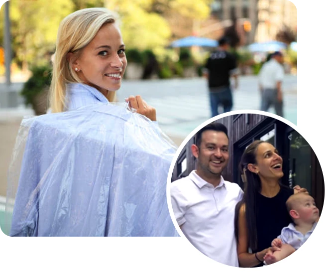 A woman carries laundered shirts in plastic wrapping outdoors; inset shows a smiling couple holding a baby while standing outside.