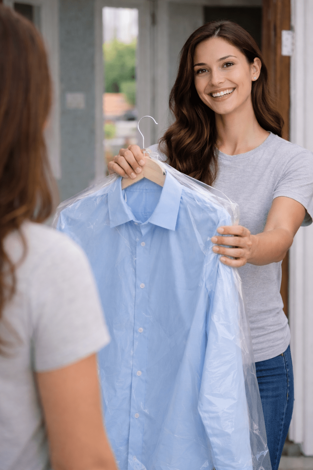 A woman hands a freshly cleaned, light blue dress shirt on a hanger to another person indoors.