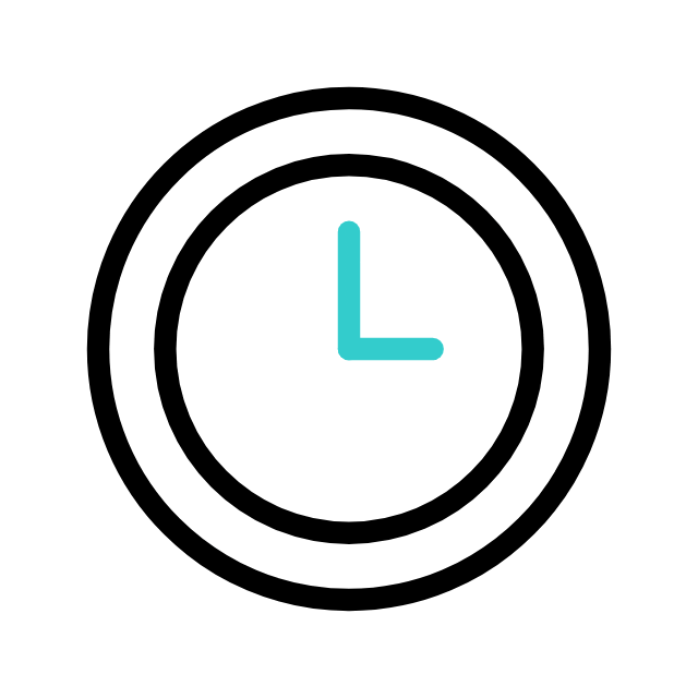 Black and white clock icon with blue hands showing 3 o’clock, depicted in a simple, minimalist style.