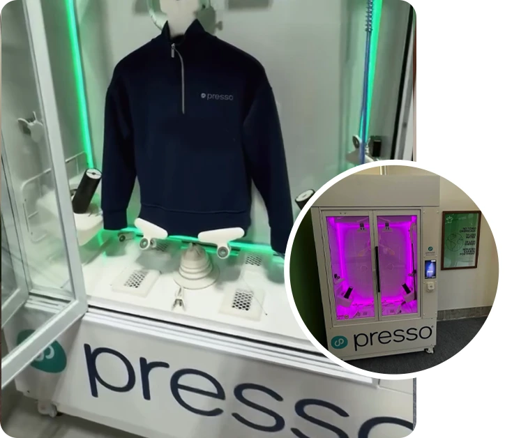 A Presso machine cleaning a navy blue sweatshirt, with an inset showing the exterior of the Presso machine illuminated by purple lights.